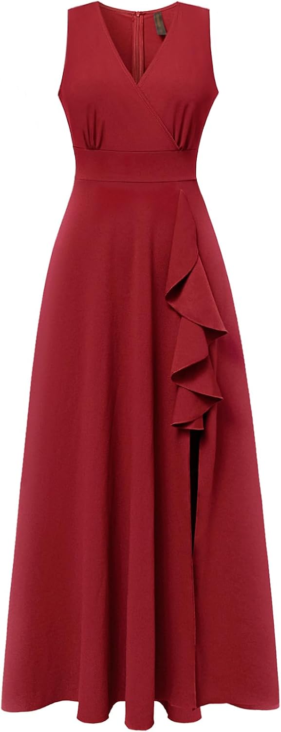 COOAN Women's Black Long Formal Dresses Cocktail Wedding Guest Dress Ruffle Split Elegant V Neck Party Gowns