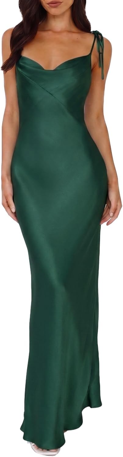 UEZOU 2026 Satin Cowl Neck Spaghetti Strap Maxi Dress for Women Bridesmaid | Silk,Tie Strap,Slip,Slit,Midi,Wedding Guest,Graduation,Elegant,Cocktail,Vacation,Party