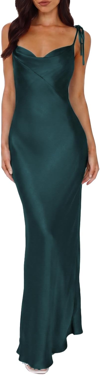 UEZOU 2026 Satin Cowl Neck Spaghetti Strap Maxi Dress for Women Bridesmaid | Silk,Tie Strap,Slip,Slit,Midi,Wedding Guest,Graduation,Elegant,Cocktail,Vacation,Party