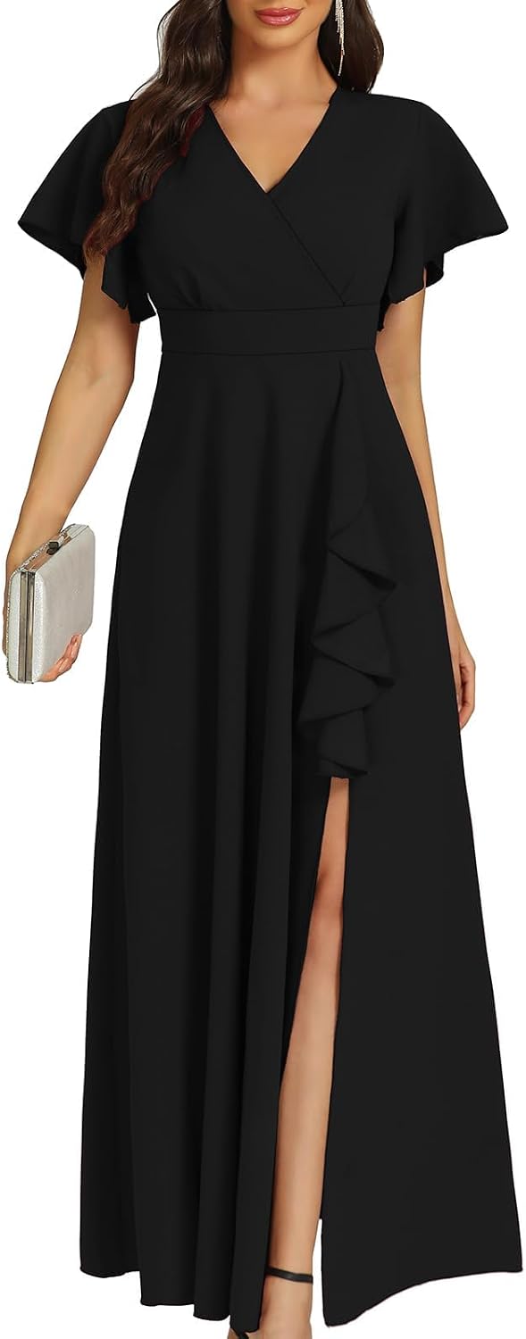COOAN Women's Black Long Formal Dresses Cocktail Wedding Guest Dress Ruffle Split Elegant V Neck Party Gowns