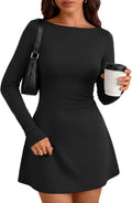 Trendy Queen Womens 2026 Fall Mini Dresses Long Sleeve Bodycon Y2K Dress | Elegant Boat Neck, Classic Polka Dot, Winter Fashion Staple, Chic Going Out Outfits, Cocktail Party Date Night Clothes