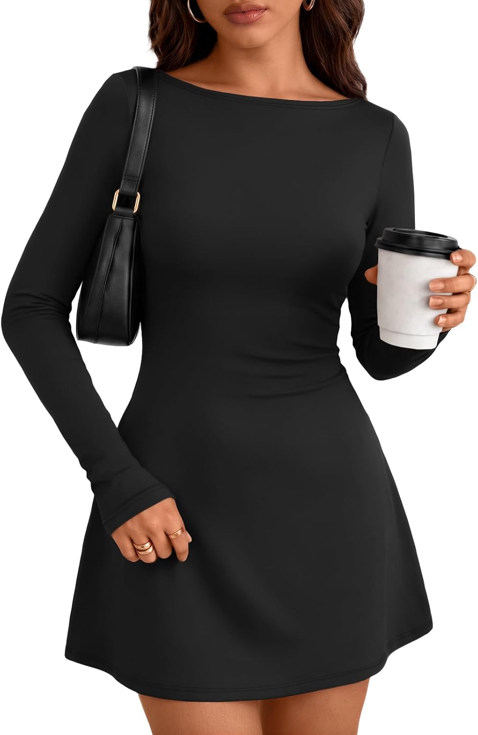 Trendy Queen Womens 2026 Fall Mini Dresses Long Sleeve Bodycon Y2K Dress | Elegant Boat Neck, Classic Polka Dot, Winter Fashion Staple, Chic Going Out Outfits, Cocktail Party Date Night Clothes