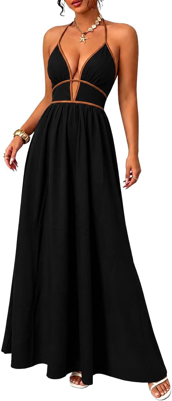 Women's Summer Sleeveless Striped Smocked Flowy Swing Maxi Halter V Neck A Line Casual Long Beach Vacation Dresses