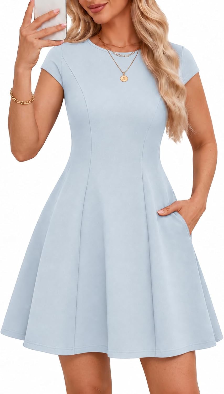 Meetjen Women\u2019s Short Formal A Line Elegant Homecoming Cocktail Dress | Cap Sleeve, Round Neck, Summer Wedding Guest Dress, Graduation, Business Casual Work, Mini Prom Party Dresses with Pockets