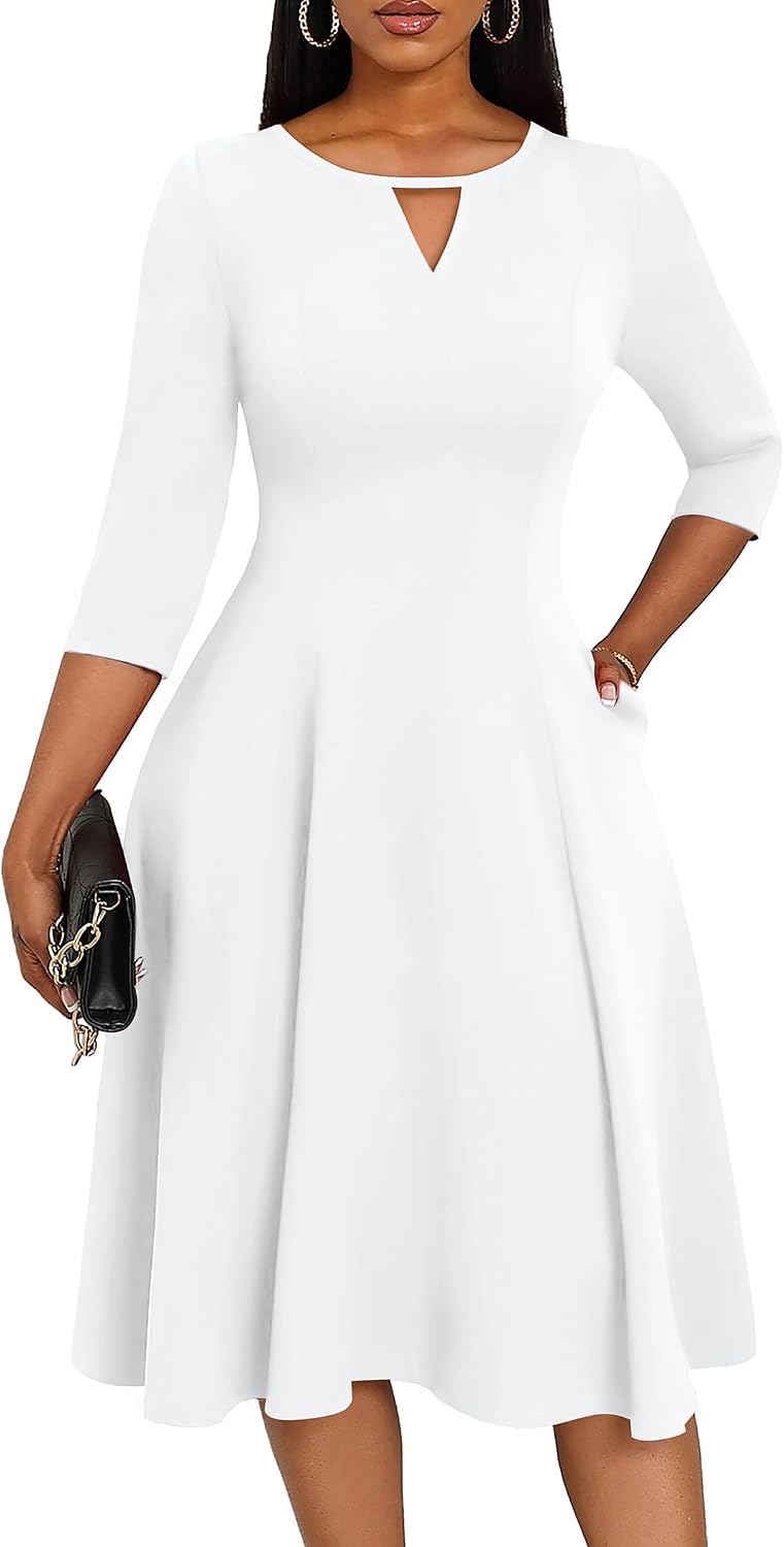 Nmoder Women's Keyhole Midi Dress - 3\/4 Sleeve A-Line with Pockets | Keyhole neckline and A-line flatter figure,stretch fabric feels comfy and resists wrinkles,hidden pockets,back zipper