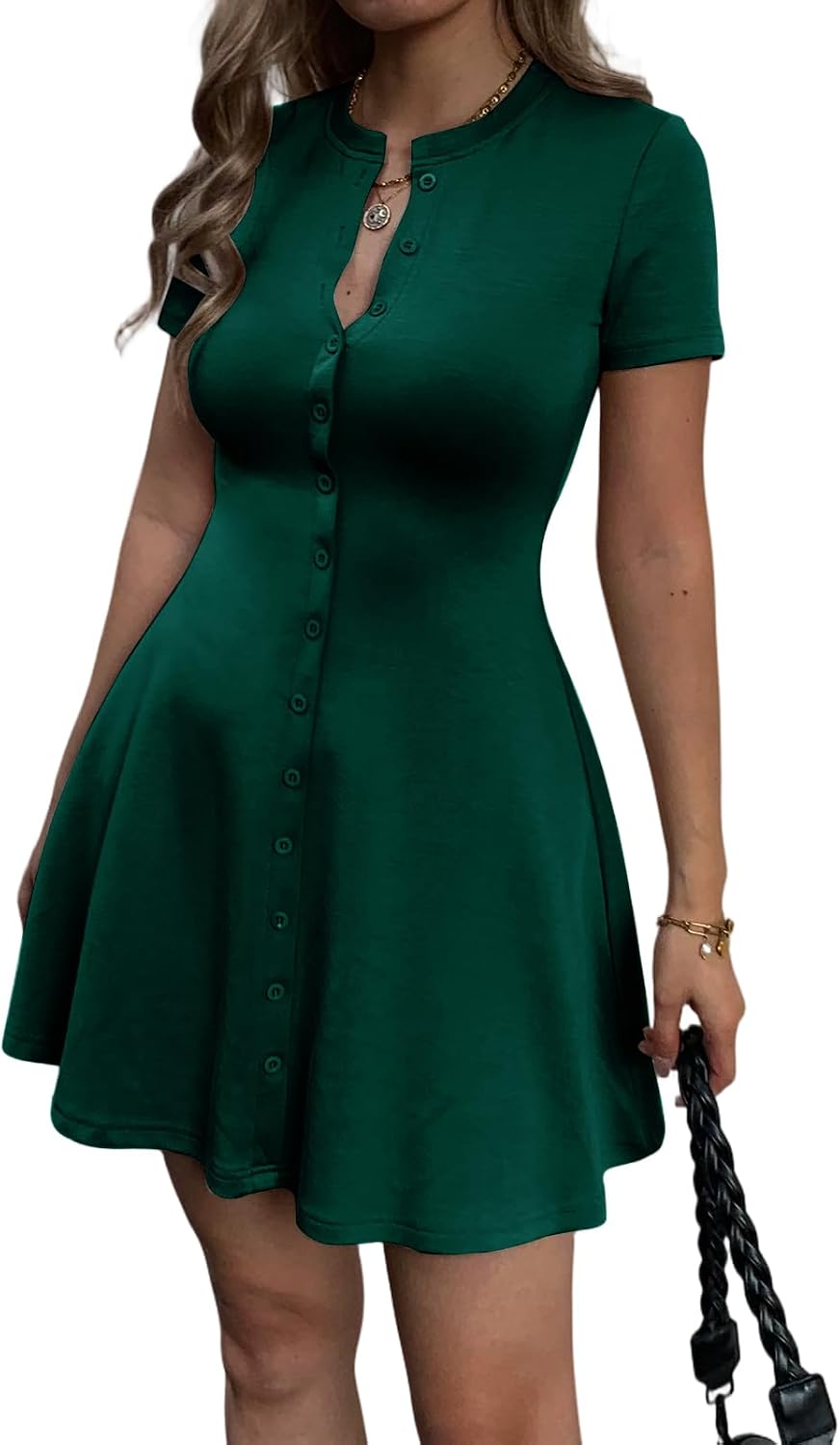 Mieazom Women's Summer Button Down A Line Flare Crewneck Mini Dress | Button Up,Short Sleeve,Button V Neck,Preppy,Cute Shirt Shift Skater Short Dress,Semi Formal Work