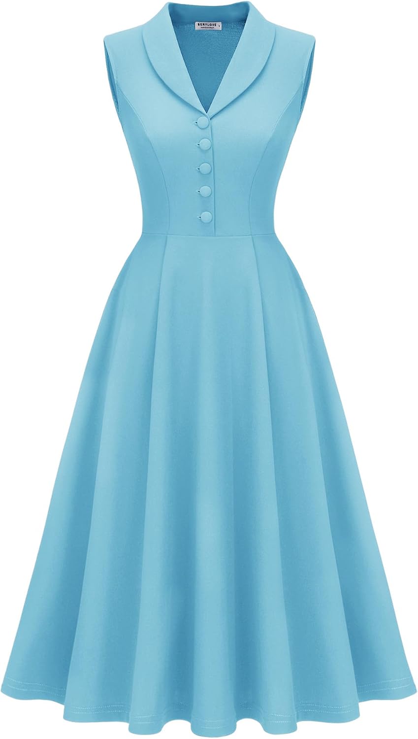 BeryLove Vintage 1950s Midi Cocktail Dresses for Women Wedding Guest Classy | Sleeveless Button Down Dress with Pockets, Notch Lapel, A-Line, Retro 1940s Style, Business Casual Wear, Tea Party, Prom