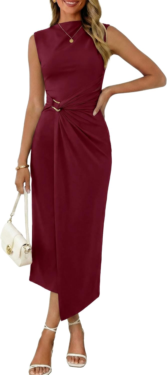 Valiamcep Womens Mock Neck Ribbed Knit Ruched Bodycon Midi Dresses | Elegant Semi Formal Wedding Guest Cocktail Party Date Night Homecoming Christmas Long Dress, Spring Summer Fall Outfits