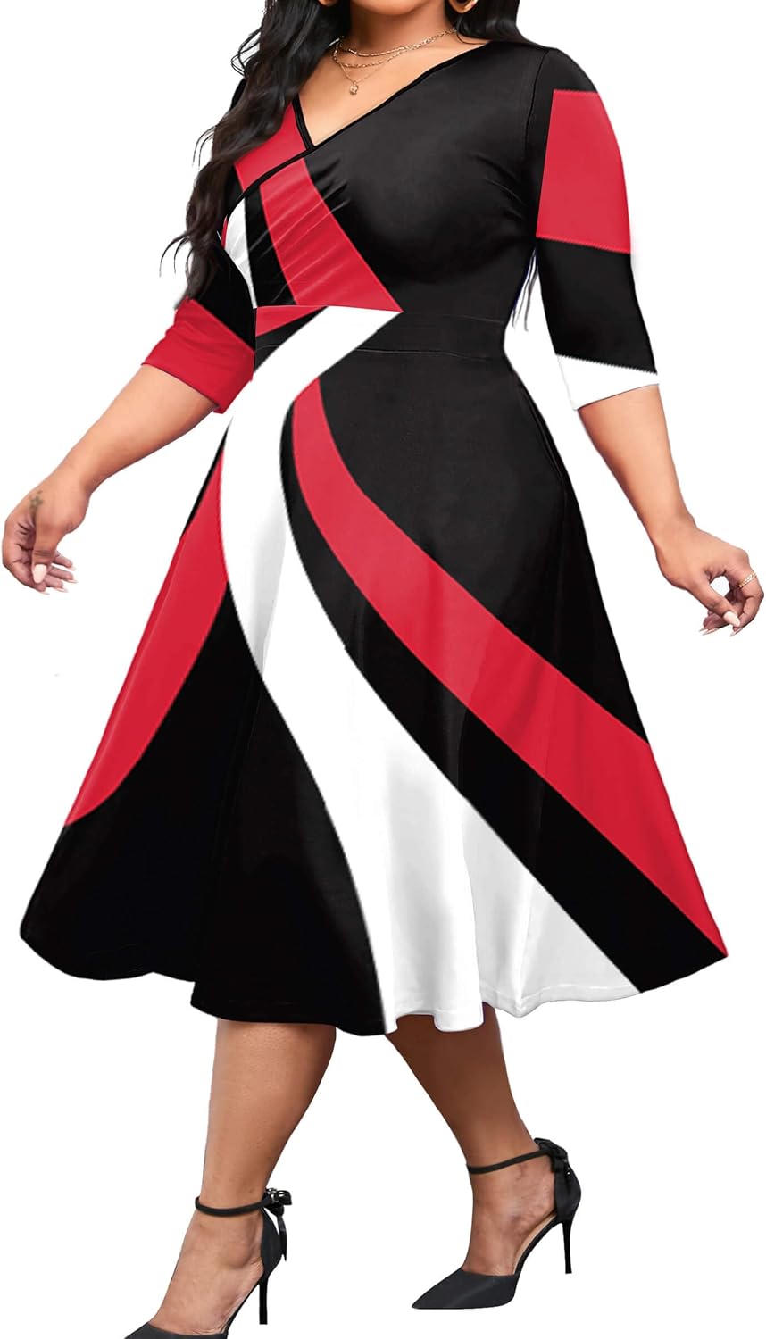 CLOCOR Plus Size Midi Dresses for Women A-Line V Neck Wrap Casual Dress | Curvy fit, shirred bodice, 3\/4 sleeve, hidden pockets, stretch empire waist, elegant style for cocktail party