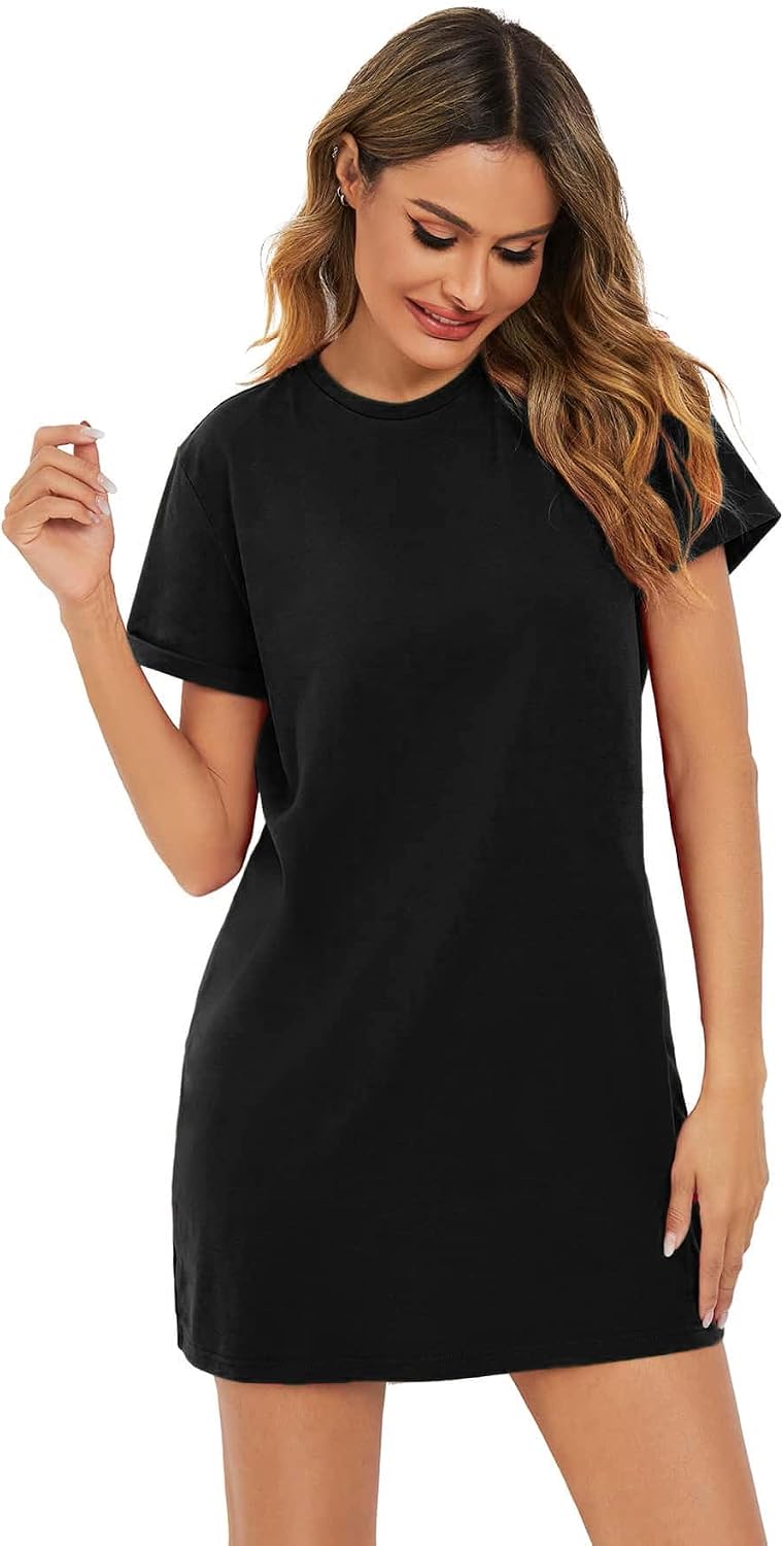 Milumia Women's Casual Short T Shirt Dress Short Sleeve Straight Mini Tee S | Round Neck, Basic Dress, Solid, Summer Fall Fashion, Nightgown, Simple, Losse Fit