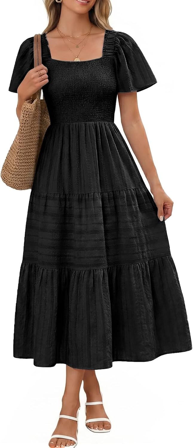 Bbonlinedress Women Summer Midi Casual Smocked Boho Dress with Pockets | Square Neck, Tea Length, Ruffle Short Sleeve, Cotton, Wedding Guest Church, Flowy Fit & Flare Dress