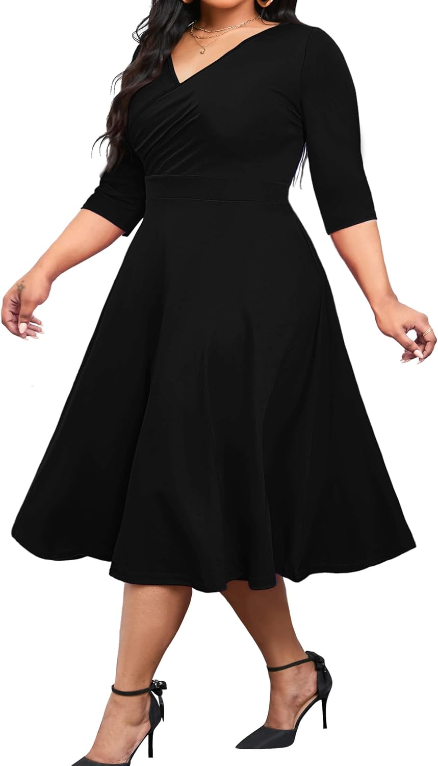 CLOCOR Plus Size Midi Dresses for Women A-Line V Neck Wrap Casual Dress | Curvy fit, shirred bodice, 3\/4 sleeve, hidden pockets, stretch empire waist, elegant style for cocktail party