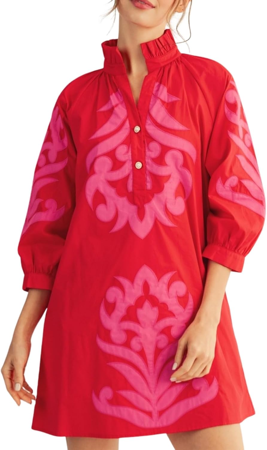Lurenhua Womens Floral Embroidered Applique Mini Summer Dress 3\/4 Puff Sleeves Ruffled V Neck Loose Casual Shift Dress