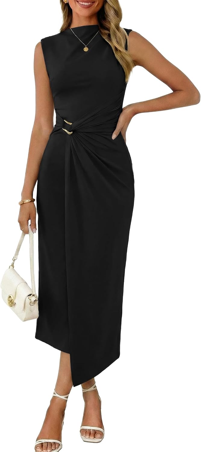 Valiamcep Womens Mock Neck Ribbed Knit Ruched Bodycon Midi Dresses | Elegant Semi Formal Wedding Guest Cocktail Party Date Night Homecoming Christmas Long Dress, Spring Summer Fall Outfits
