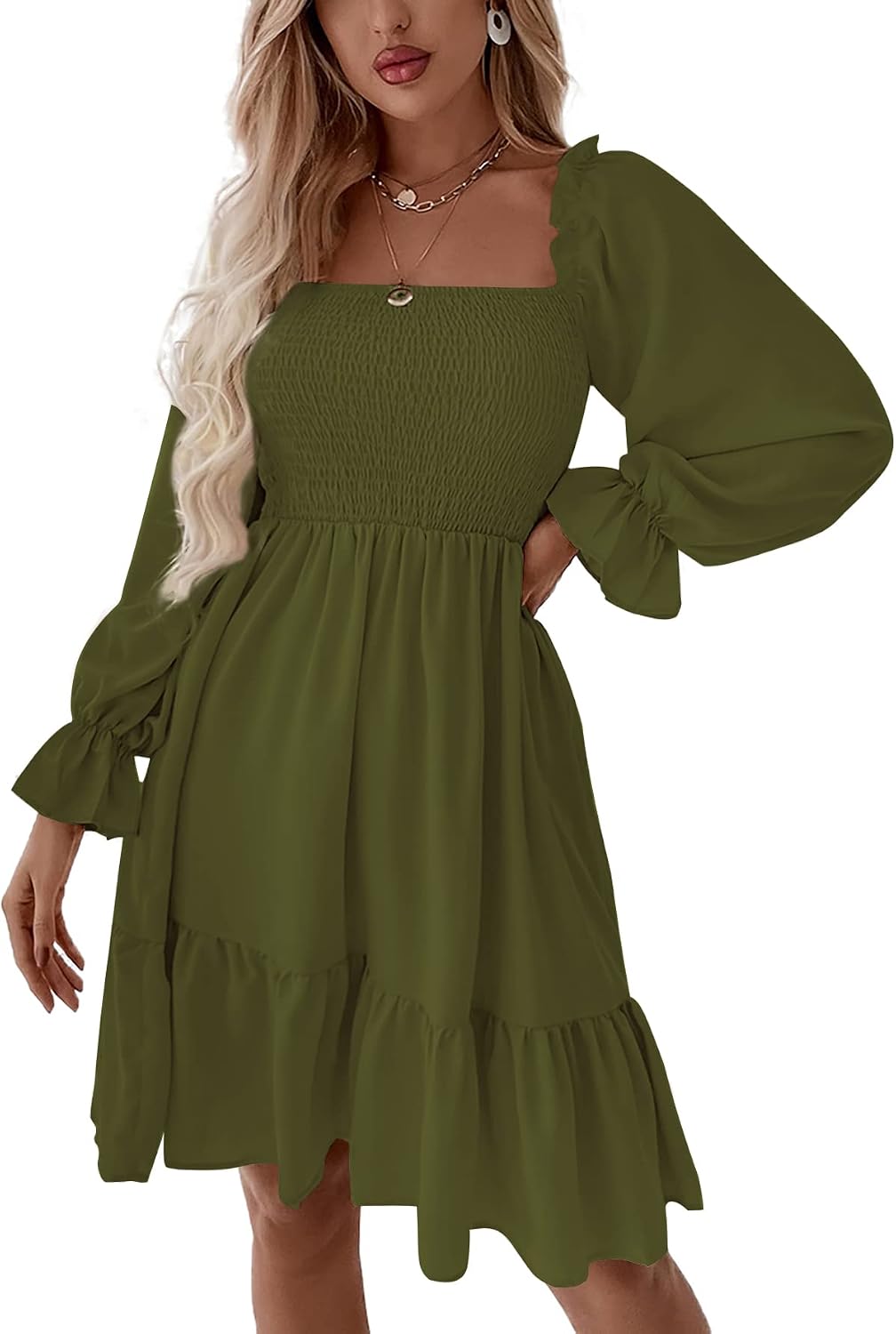 LYANER Women's Shirred Party Mini Dress | Square Neck Lantern Long Sleeve Ruffle A Line Flowy Casual Short Dresses