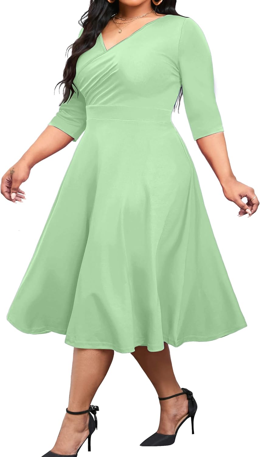 CLOCOR Plus Size Midi Dresses for Women A-Line V Neck Wrap Casual Dress | Curvy fit, shirred bodice, 3\/4 sleeve, hidden pockets, stretch empire waist, elegant style for cocktail party