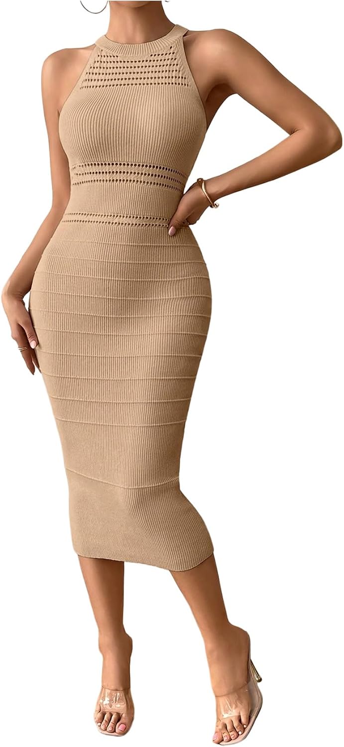 GORGLITTER Women's Sleeveless Sweater Dress Knit Fall Wedding Guest Dresses | Crochet Halter Midi Dresses, Party Cocktail Prom Going Out Outfits, Dressy Casual Clothes