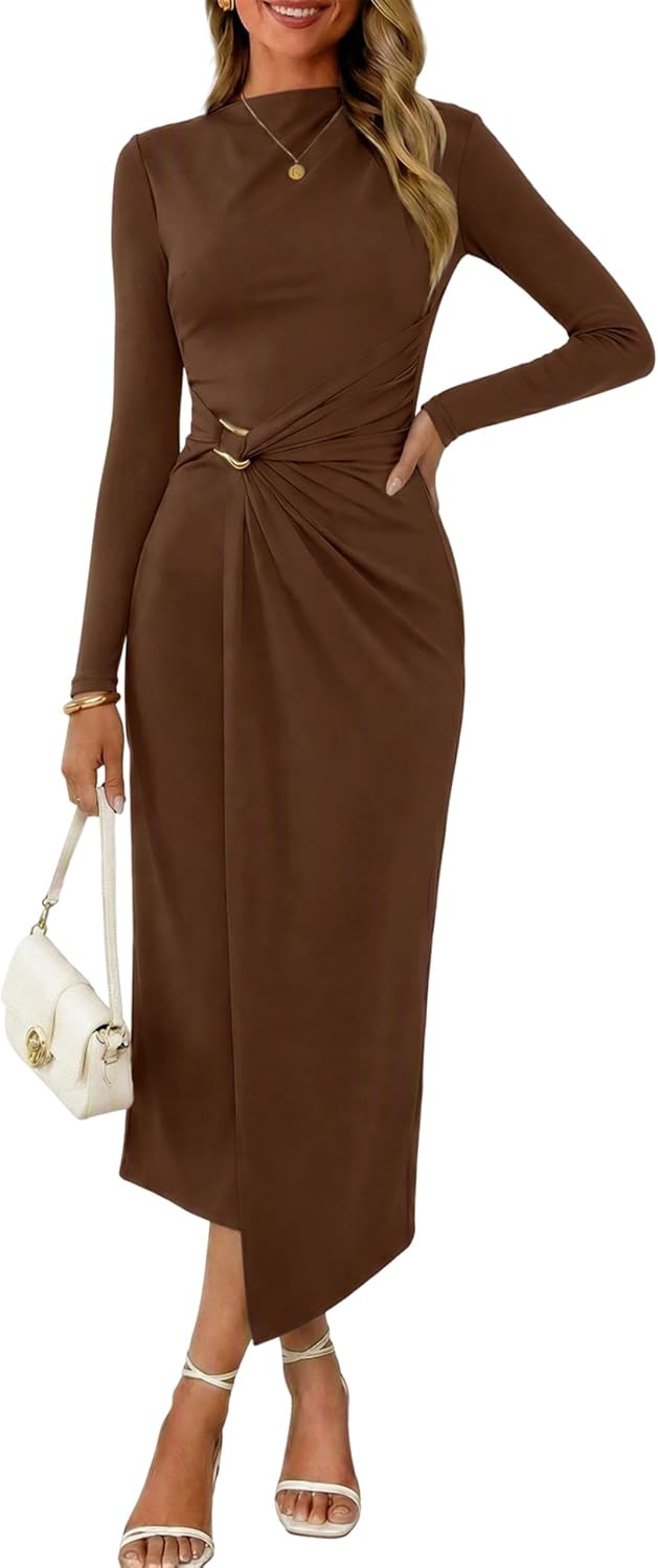Valiamcep Womens Mock Neck Ribbed Knit Ruched Bodycon Midi Dresses | Elegant Semi Formal Wedding Guest Cocktail Party Date Night Homecoming Christmas Long Dress, Spring Summer Fall Outfits