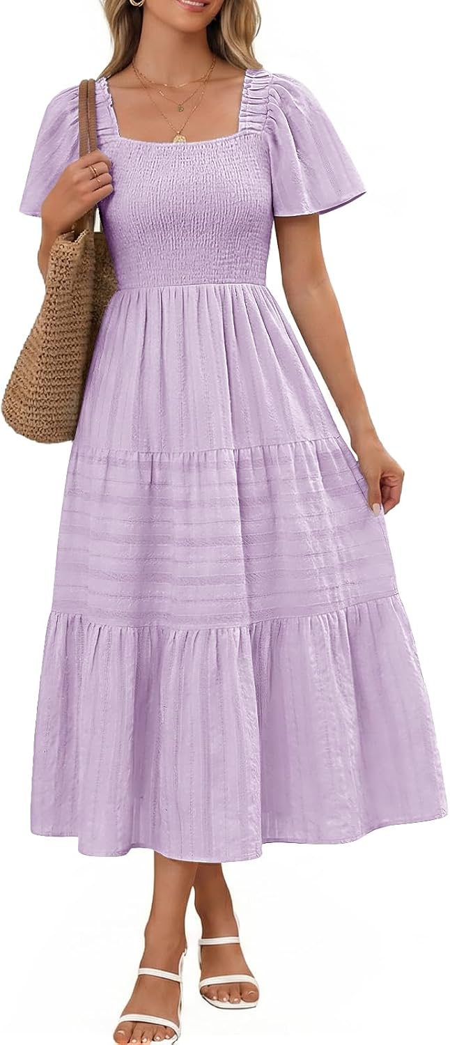Bbonlinedress Women Summer Midi Casual Smocked Boho Dress with Pockets | Square Neck, Tea Length, Ruffle Short Sleeve, Cotton, Wedding Guest Church, Flowy Fit & Flare Dress