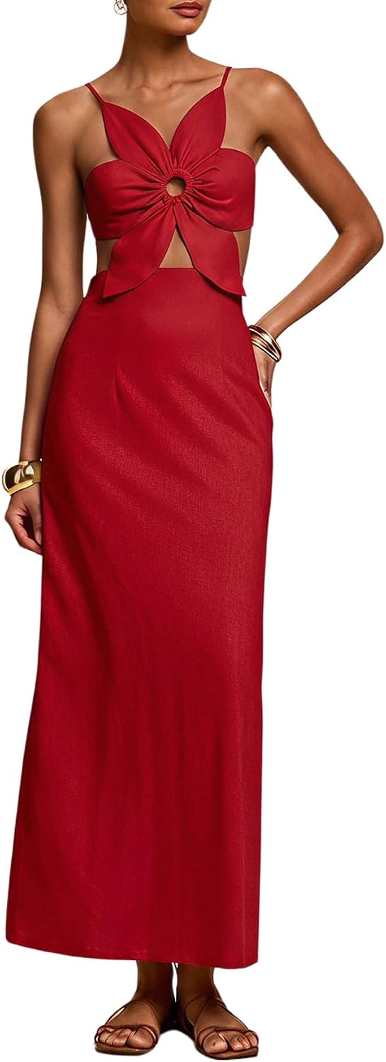 SHENHE Women's Petal Backless Maxi Dress Cut Out Cocktail Dresses | Keyhole, Spaghetti Strap, Long Dress, Elegant, Party, Club, Date Night Outfits, Fall 2026