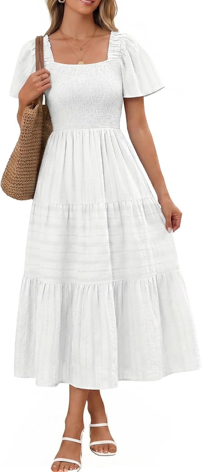 Bbonlinedress Women Summer Midi Casual Smocked Boho Dress with Pockets | Square Neck, Tea Length, Ruffle Short Sleeve, Cotton, Wedding Guest Church, Flowy Fit & Flare Dress