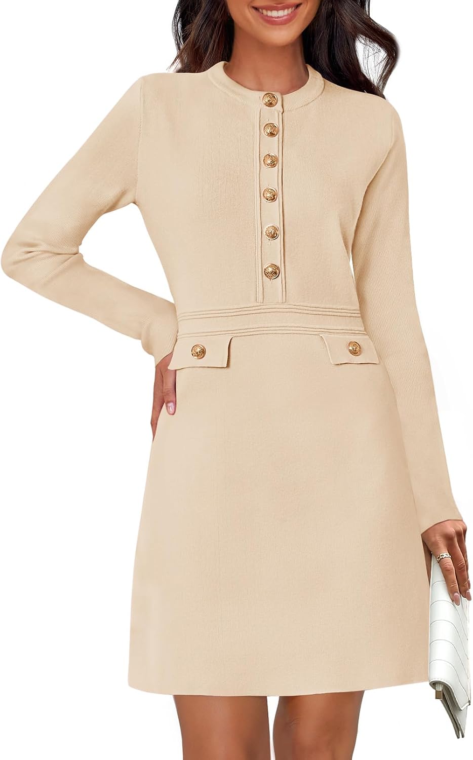 NENONA Women's 2026 Long Sleeve Fall Winter Sweater Dress Spring Fashion Button Elegant Business Casual Work Mini Dresses