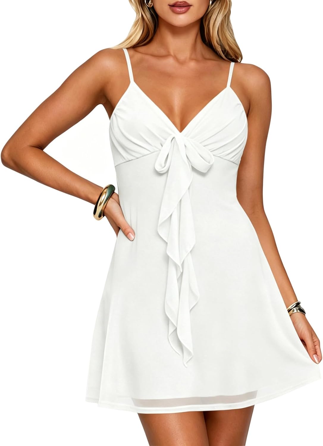 Bluetime Womens Sexy V Neck Sleeveless Mesh Spaghetti Strap Bow Short Dress Casual Flowy Cruise Club Party Mini Sundress