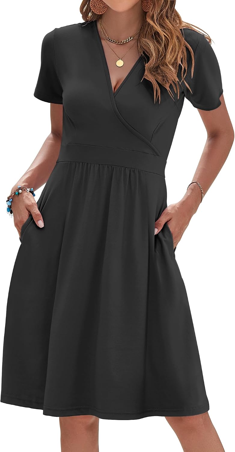 AUSELILY Womens Summer Dresses 2026 Short Sleeve V Neck Faux Wrap Dress | Surplice front, Pockets set into the skirt, Vacation dress for sightseeing, Style low heels with simple jewelry