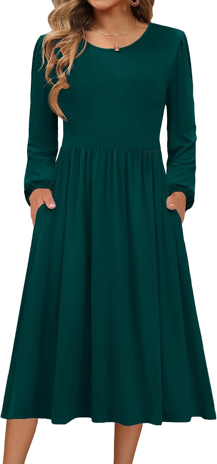 Zeagoo Long Sleeve Dresses for Women 2026 Fall Winter Casual Flowy A-Line Boho Midi Party Long Dress with Pockets