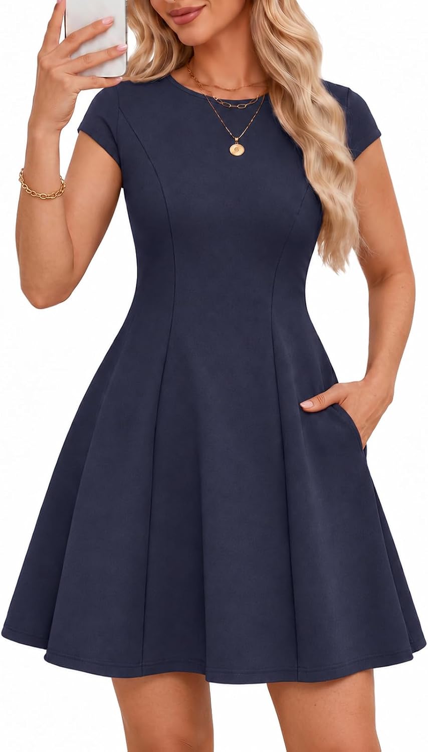 Meetjen Women\u2019s Short Formal A Line Elegant Homecoming Cocktail Dress | Cap Sleeve, Round Neck, Summer Wedding Guest Dress, Graduation, Business Casual Work, Mini Prom Party Dresses with Pockets
