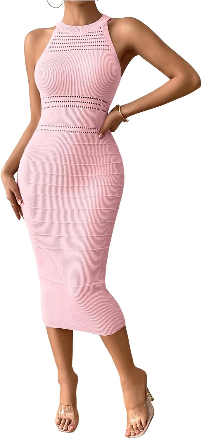 GORGLITTER Women's Sleeveless Sweater Dress Knit Fall Wedding Guest Dresses | Crochet Halter Midi Dresses, Party Cocktail Prom Going Out Outfits, Dressy Casual Clothes