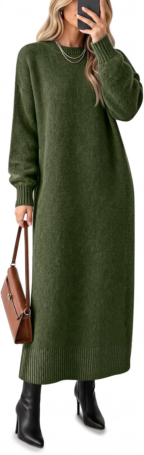 Saodimallsu Womens Long Sleeve Maxi Sweater Dress Crew Neck Knit Dresses | Ankle Length, Casual, Soft Knit, Pullover, Relaxed Fit, Warm Fall Winter Outfits