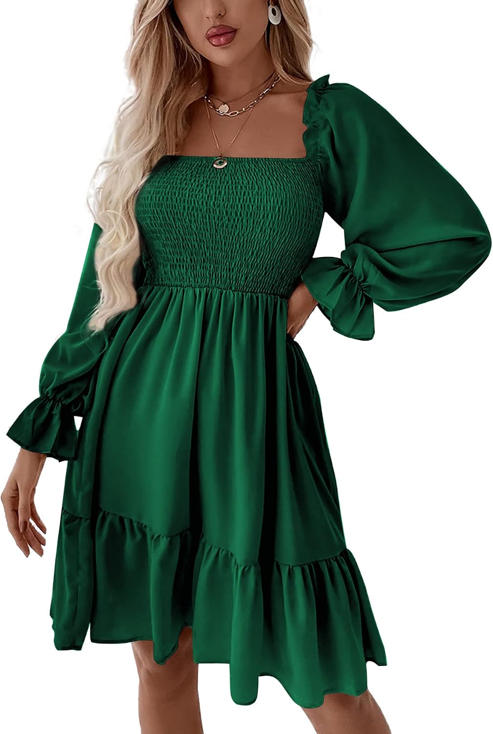 LYANER Women's Shirred Party Mini Dress | Square Neck Lantern Long Sleeve Ruffle A Line Flowy Casual Short Dresses