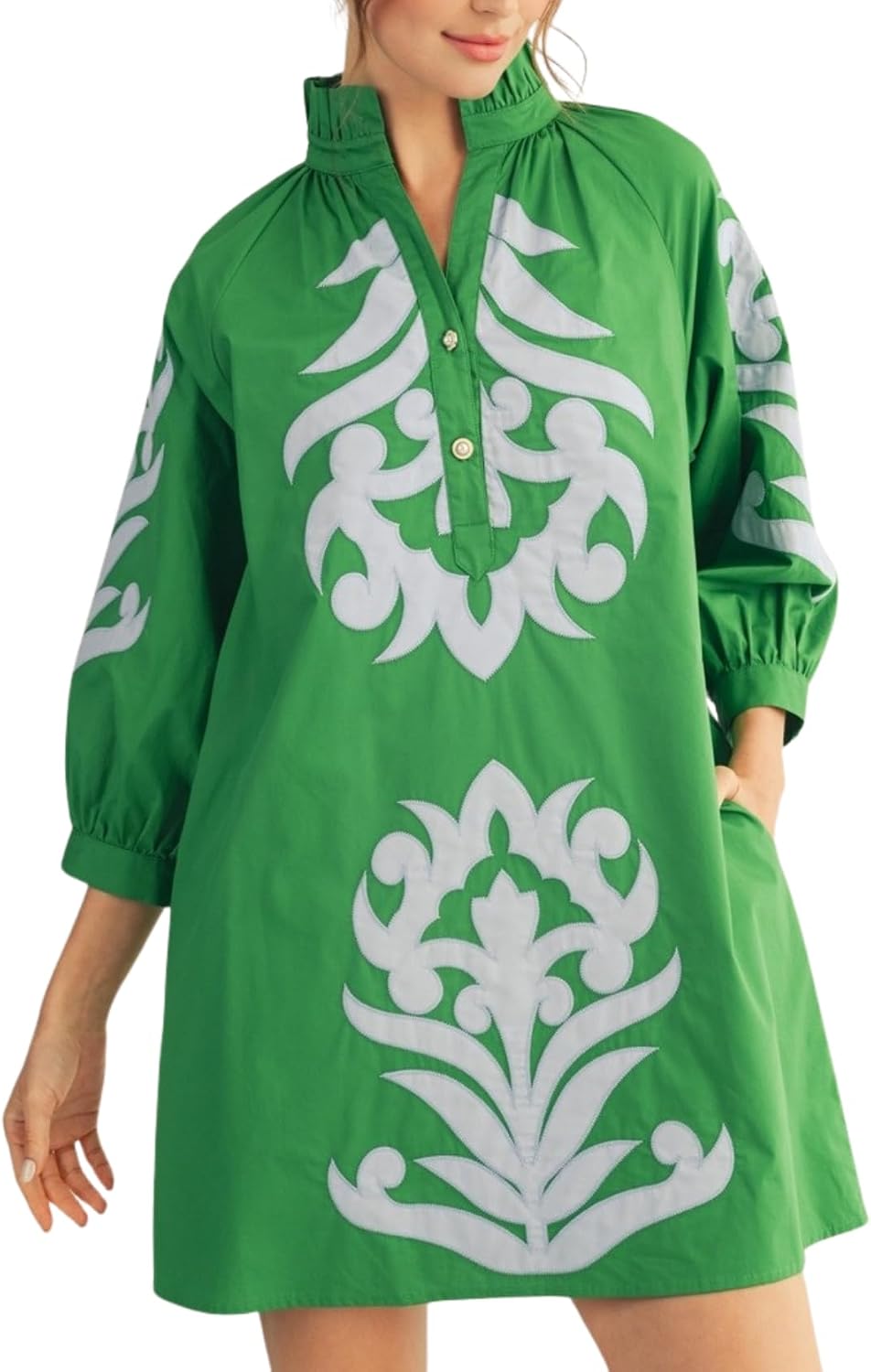 Lurenhua Womens Floral Embroidered Applique Mini Summer Dress 3\/4 Puff Sleeves Ruffled V Neck Loose Casual Shift Dress
