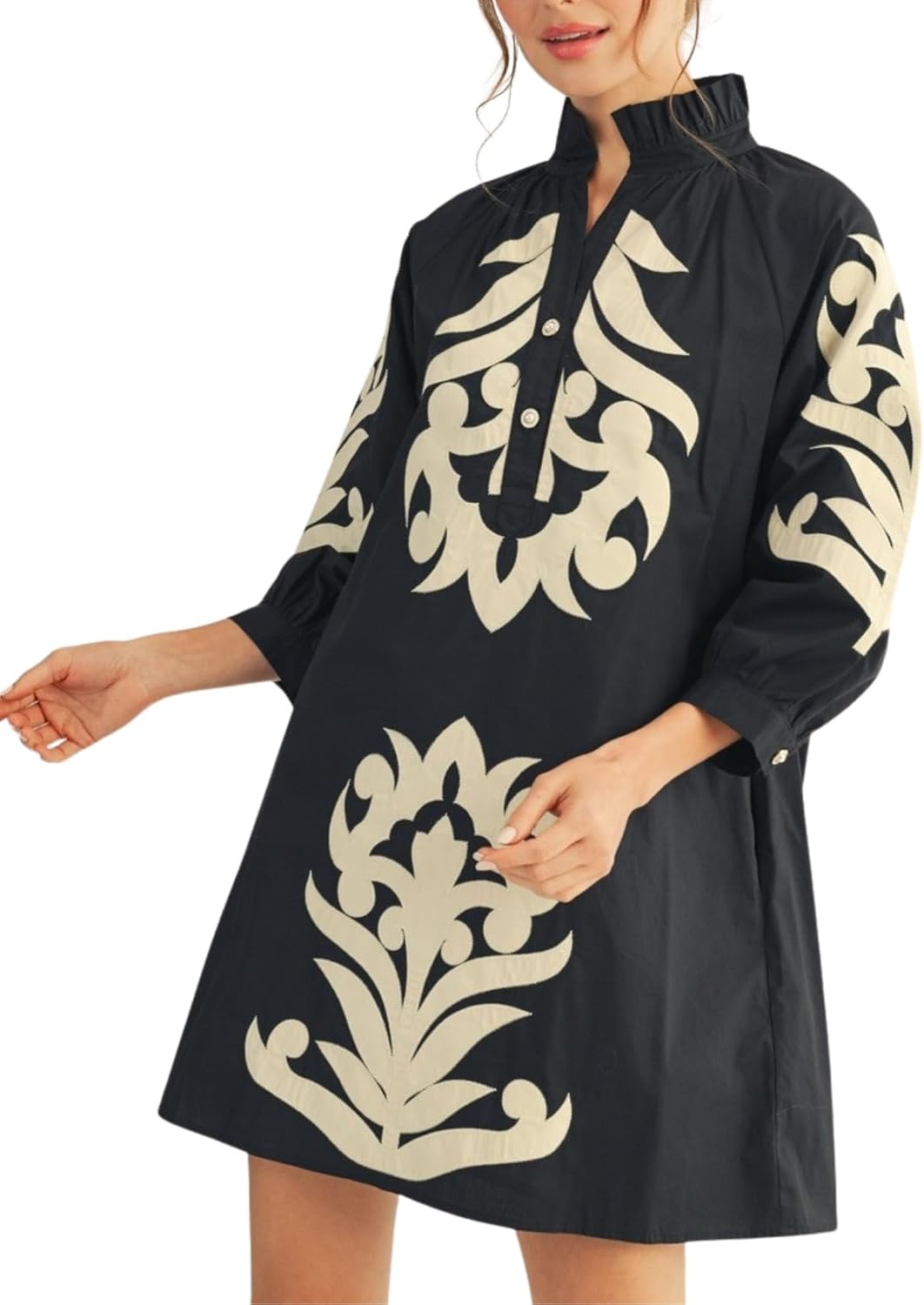 Lurenhua Womens Floral Embroidered Applique Mini Summer Dress 3\/4 Puff Sleeves Ruffled V Neck Loose Casual Shift Dress