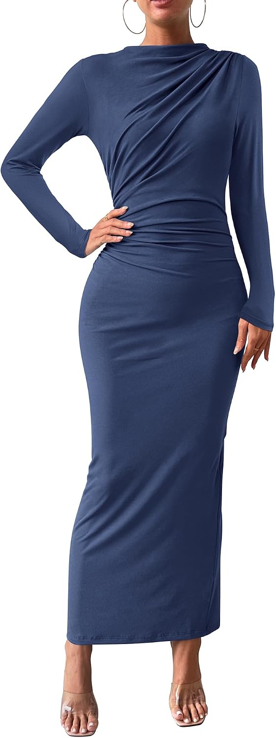 BTFBM Maxi Long Sleeve Dresses for Women Wedding Guest | Mock Neck,Back Slit,Lightweight,Ruched Bodycon Dress For Formal,Cocktail,Homecoming,Party,Date Night Outfits,Fall 2026