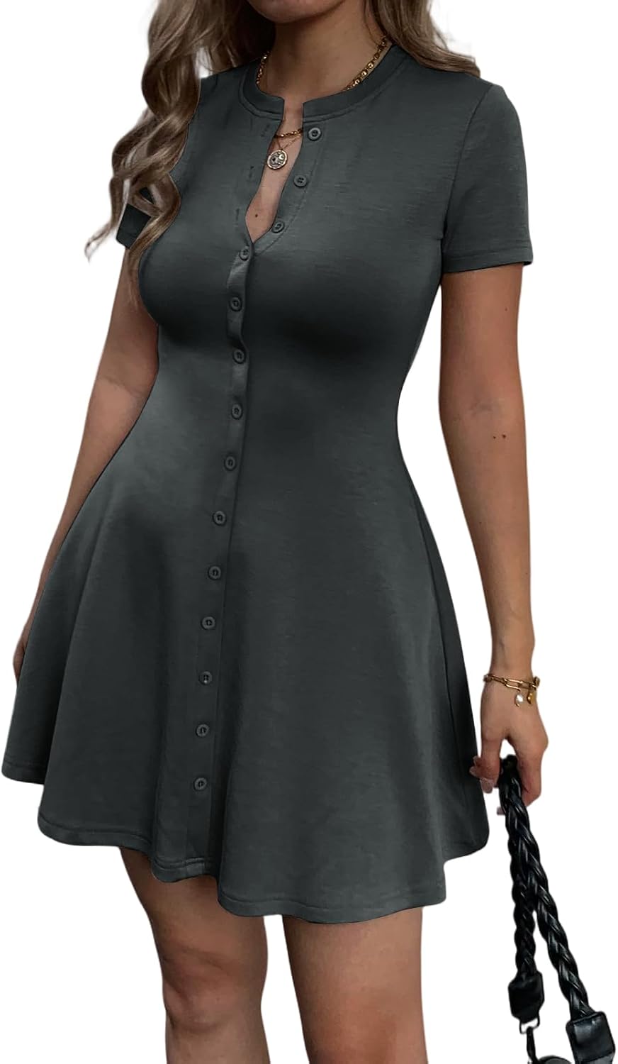Mieazom Women's Summer Button Down A Line Flare Crewneck Mini Dress | Button Up,Short Sleeve,Button V Neck,Preppy,Cute Shirt Shift Skater Short Dress,Semi Formal Work