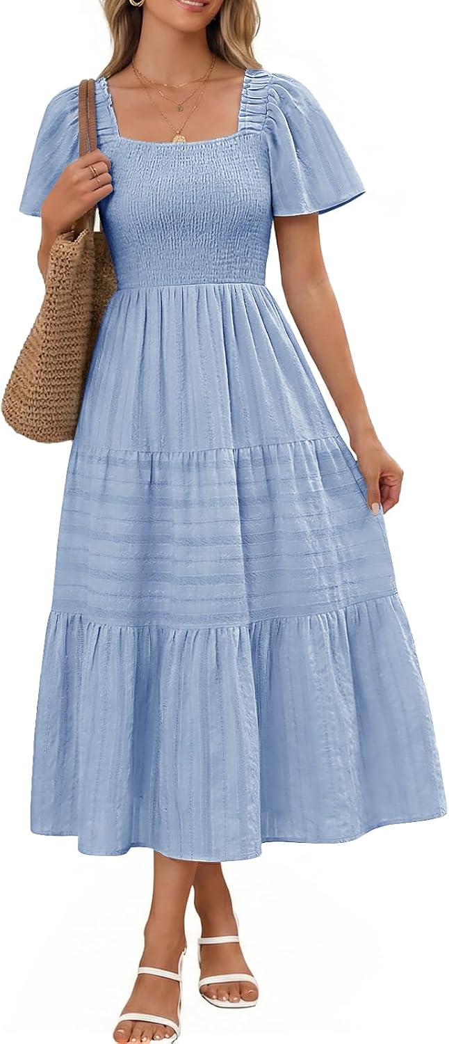 Bbonlinedress Women Summer Midi Casual Smocked Boho Dress with Pockets | Square Neck, Tea Length, Ruffle Short Sleeve, Cotton, Wedding Guest Church, Flowy Fit & Flare Dress