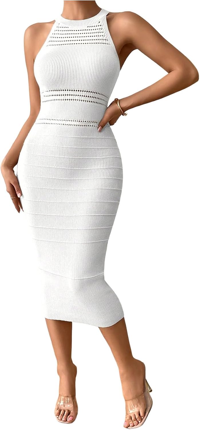 GORGLITTER Women's Sleeveless Sweater Dress Knit Fall Wedding Guest Dresses | Crochet Halter Midi Dresses, Party Cocktail Prom Going Out Outfits, Dressy Casual Clothes
