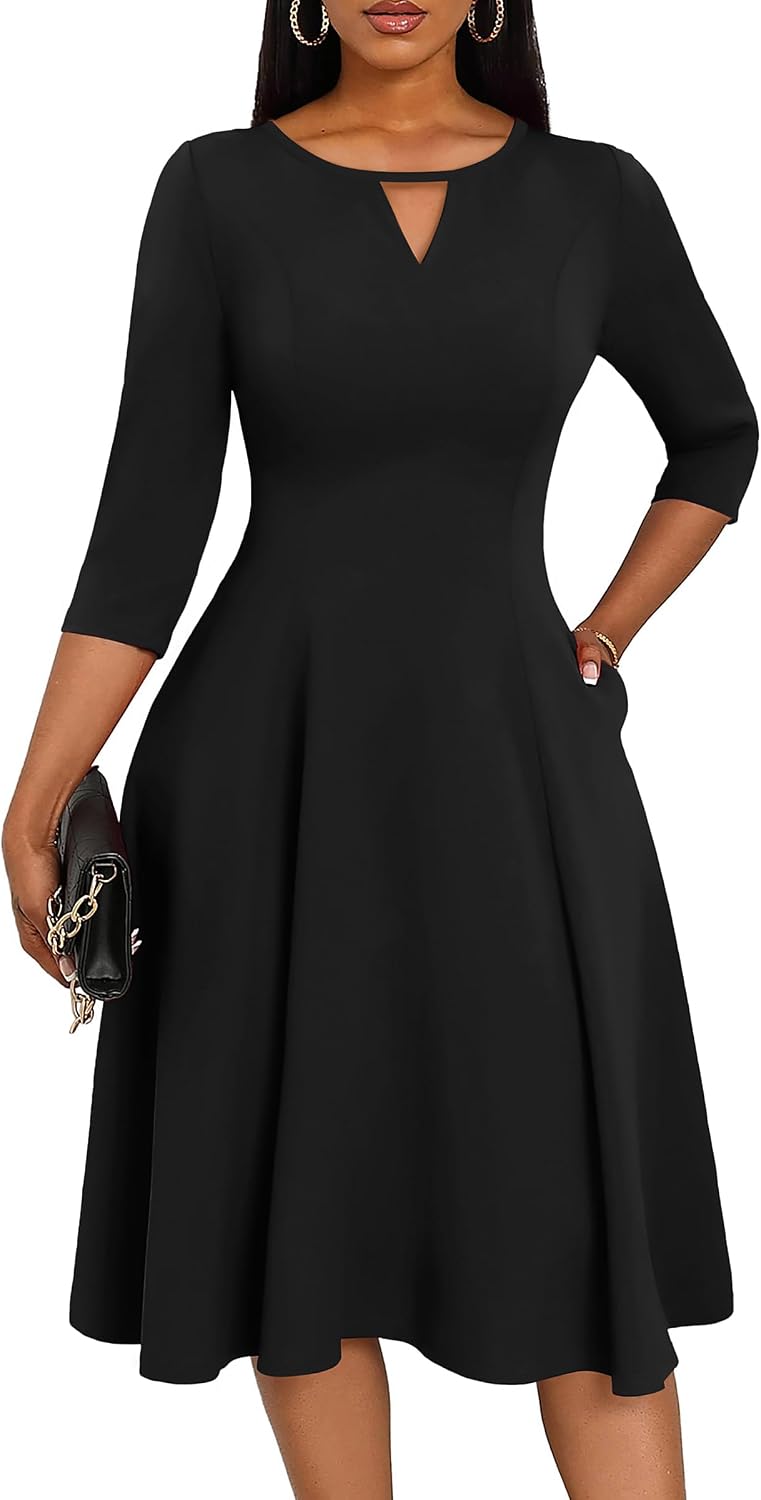 Nmoder Women's Keyhole Midi Dress - 3\/4 Sleeve A-Line with Pockets | Keyhole neckline and A-line flatter figure,stretch fabric feels comfy and resists wrinkles,hidden pockets,back zipper
