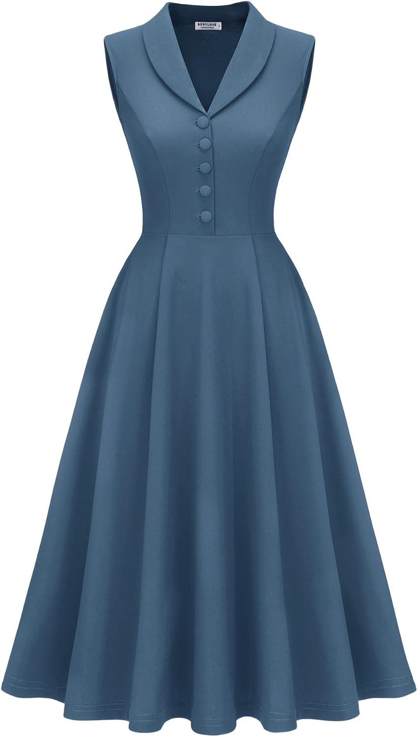 BeryLove Vintage 1950s Midi Cocktail Dresses for Women Wedding Guest Classy | Sleeveless Button Down Dress with Pockets, Notch Lapel, A-Line, Retro 1940s Style, Business Casual Wear, Tea Party, Prom