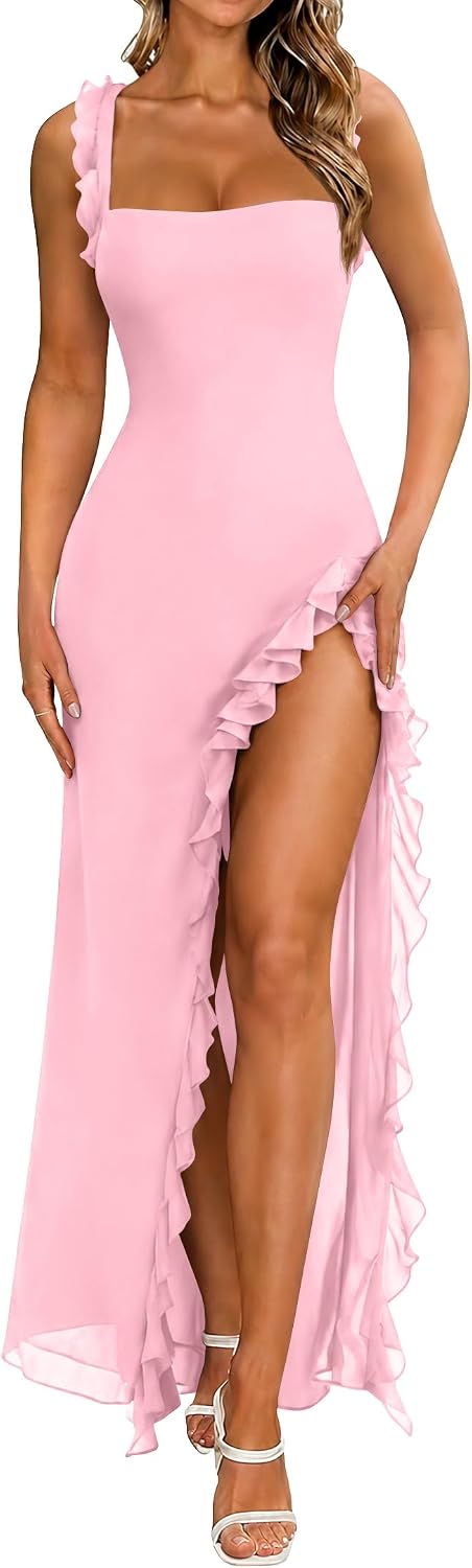 XXTAXN Womens Mesh Formal Split Ruffle Hem Wedding Guest Maxi Dress | Elegant Tank Sleeveless Fit ,Date Valentines Party Birthday Prom Evening Vacation Beach Cocktaul Gift