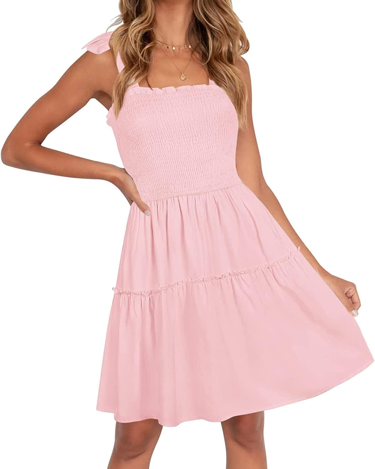 ZESICA Womens Summer Spaghetti Strap Sleeveless Mini Dress | Square Neck, Ruffle Hem, A-Line, Flowy Swing Dress, Sun Dress, Wedding Guest Short Dress