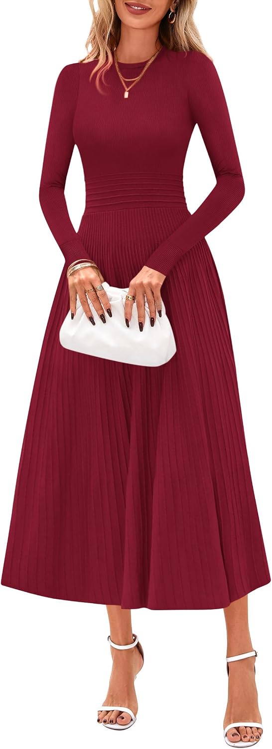 PRETTYGARDEN Women's Long Sleeve Knit Maxi Sweater Dress | Soft Pleated, Slim Fit A Line, Elegant Fall Wedding Guest Cocktail Holiday Parties Church Long Dresses, 2026 Winter Clothes