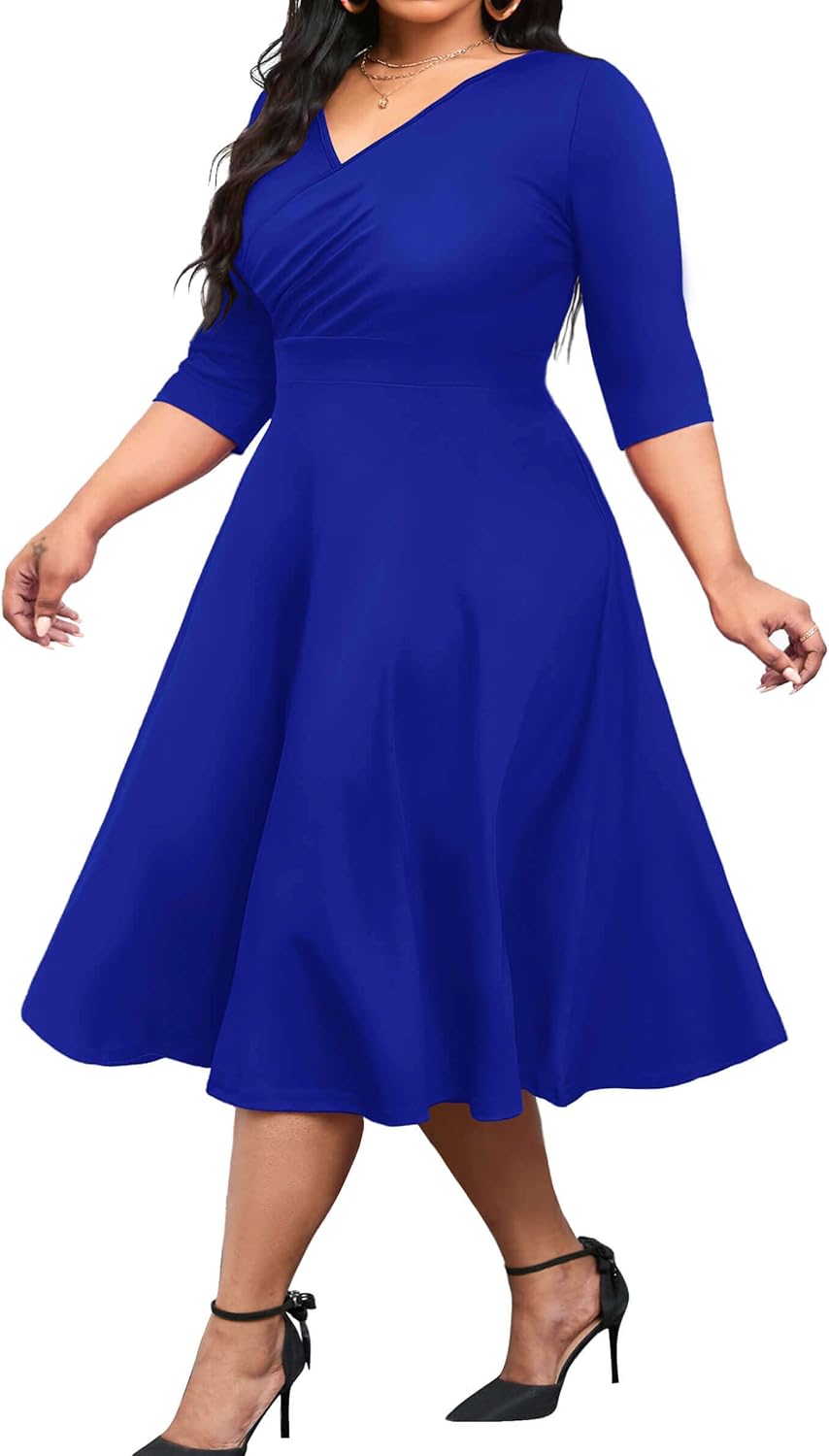 CLOCOR Plus Size Midi Dresses for Women A-Line V Neck Wrap Casual Dress | Curvy fit, shirred bodice, 3\/4 sleeve, hidden pockets, stretch empire waist, elegant style for cocktail party