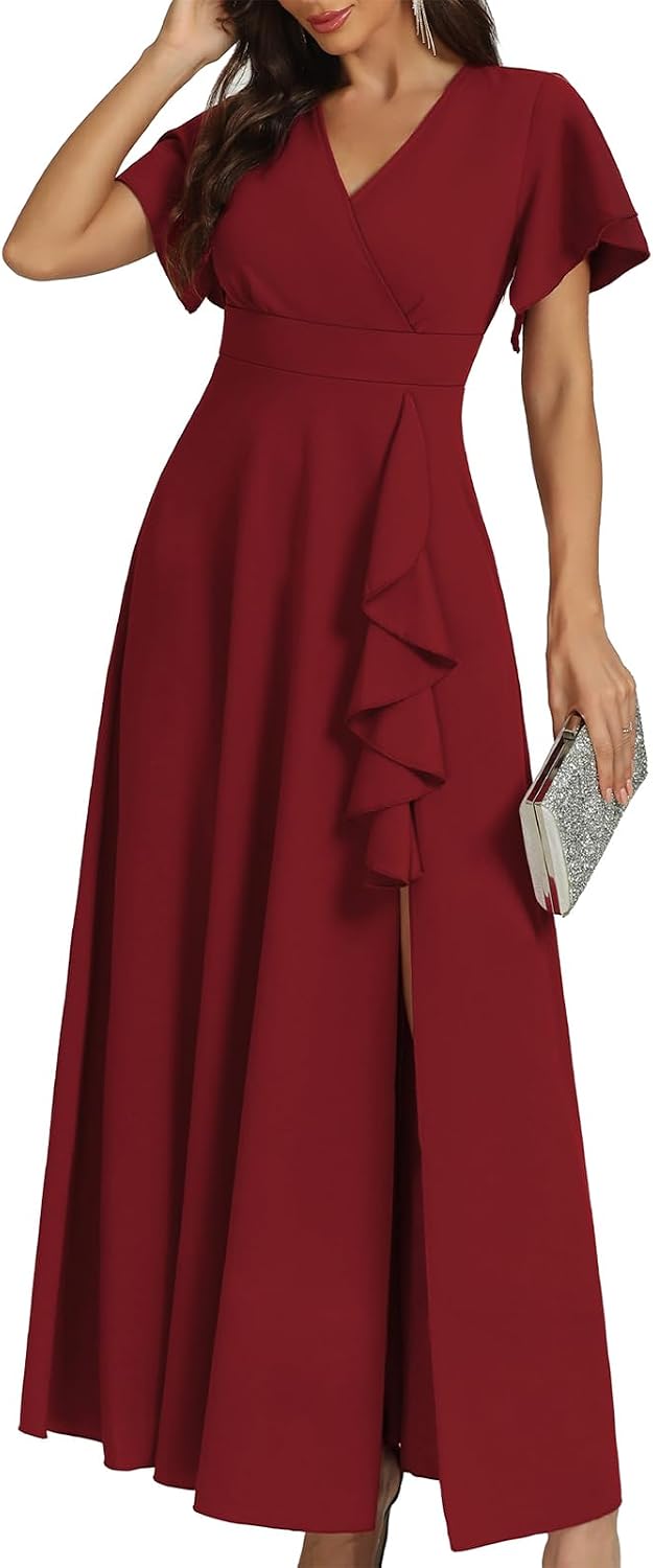 COOAN Women's Black Long Formal Dresses Cocktail Wedding Guest Dress Ruffle Split Elegant V Neck Party Gowns
