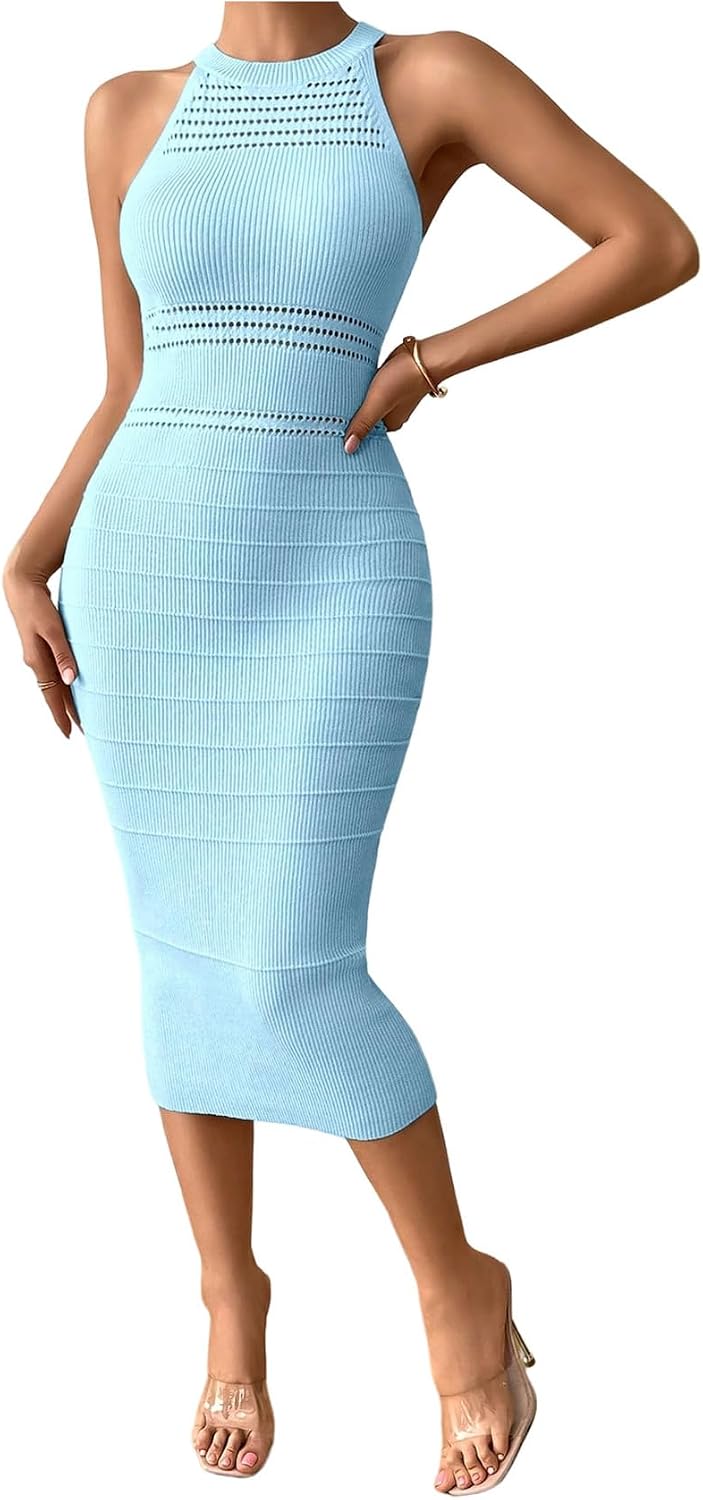 GORGLITTER Women's Sleeveless Sweater Dress Knit Fall Wedding Guest Dresses | Crochet Halter Midi Dresses, Party Cocktail Prom Going Out Outfits, Dressy Casual Clothes