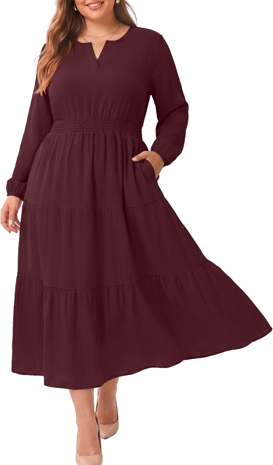 OLRIK Plus Size Fall Maxi Dress for Curvy Women Long Sleeve Pockets | Smocked Waist Tiered Skirt Deep Pockets Autumn Boho Maxi Dress for Wedding Guest Family Photo Teacher or Work Casual