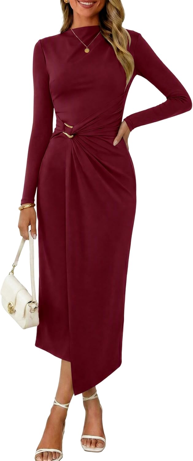 Valiamcep Womens Mock Neck Ribbed Knit Ruched Bodycon Midi Dresses | Elegant Semi Formal Wedding Guest Cocktail Party Date Night Homecoming Christmas Long Dress, Spring Summer Fall Outfits