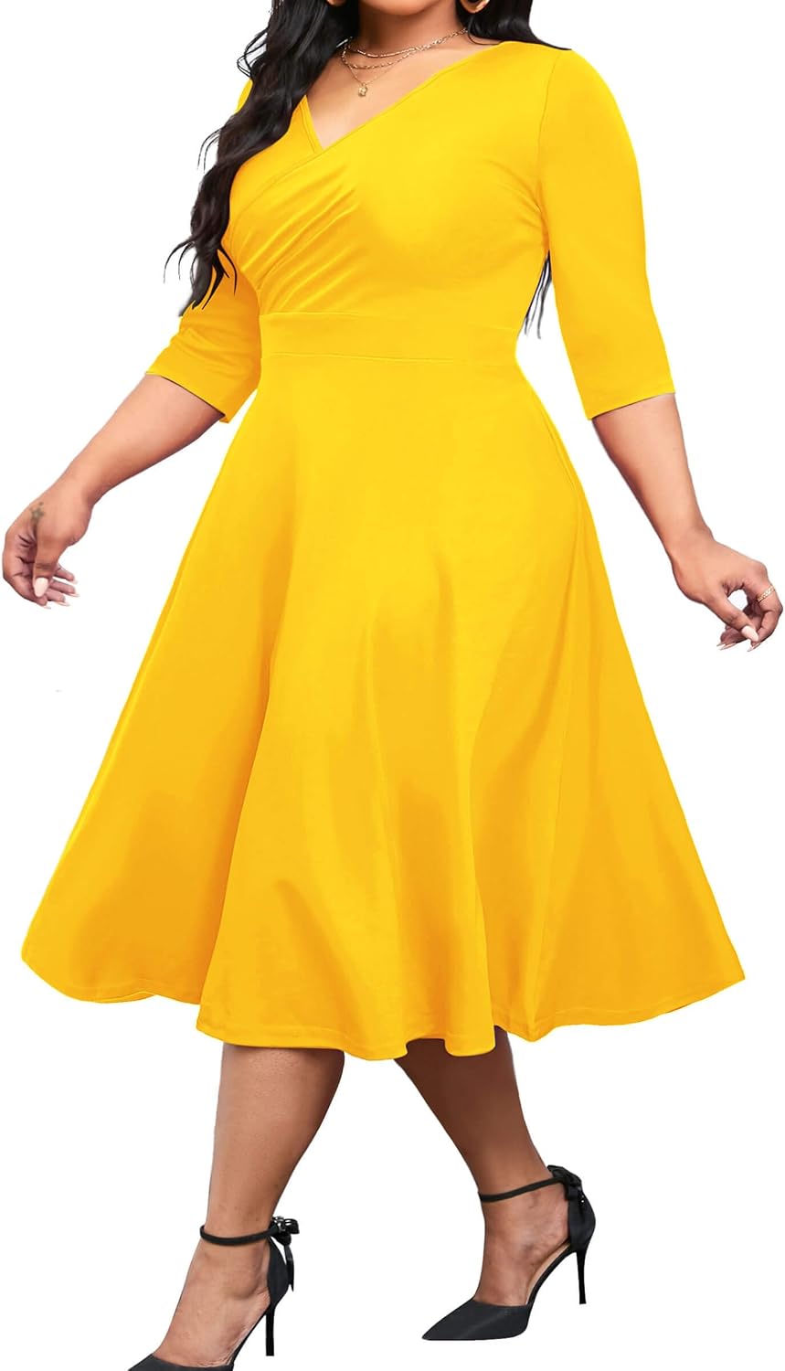 CLOCOR Plus Size Midi Dresses for Women A-Line V Neck Wrap Casual Dress | Curvy fit, shirred bodice, 3\/4 sleeve, hidden pockets, stretch empire waist, elegant style for cocktail party